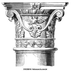 an ornate column with flowers and leaves on the top, vintage line drawing or engraving illustration