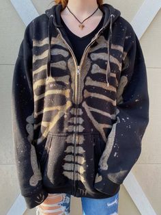 This is a super soft zip-up hoodie with a skeleton bleached onto it by hand. The hoodies are either Gildan or Fruit of the Loom (depending on size), they are a durable and not thin. The design is painted on using a hand-cut stencil, so your hoodie will be very similar with how the picture looks (but of course, being handmade, it won't be EXACTLY identical). Shipping is FREE and SUPER QUICK! Usually arrives within 3-5 days after order date. Feel free to contact me on Etsy with any additional ques Grunge Outfits Women, Bleaching Clothes, Womens Sweater Coats, Swaggy Outfits, Really Cute Outfits, Edgy Outfits, Dream Clothes, Grunge Outfits, The Loom