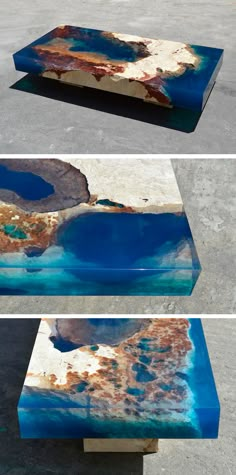 three different views of an artistic table made out of wood and blue paint on the surface