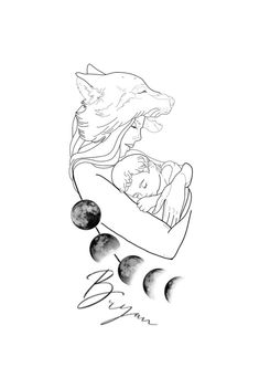 a drawing of a woman holding a baby in her arms with the moon behind it