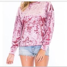 Nwt Pastel/ Nude Pink Crushed Velvet Long Sleeve Shirt Size Medium. Scoop Neck, Relaxed Fit. Bust 19.5" Length 24". Purchased Wrong Size Crushed Velvet Top, Zipper Neck, Velvet Sweatshirt, Velvet Pink, Velvet Hoodie, Rose Velvet, Crop Top Casual, Couture Tops