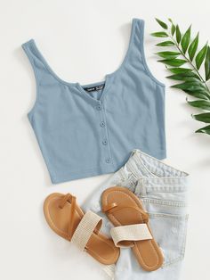 Notch Neck Button Front Tank Top Dusty Blue Casual   Fabric Plain Tank Slight Stretch Summer Women Clothing, size features are:Bust: ,Length: ,Sleeve Length: California Fits, Outfit Flatlay, Dusty Pink Style, Trendy Tank Tops, Knitted Crop Tank Top, Floral Cami Top, Gentleman Shoes, Tie Dye Tank Top, Women Tank Tops