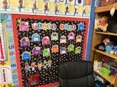 an office chair sitting in front of a bulletin board with the words class jobs on it