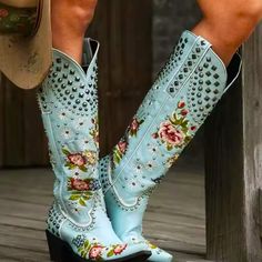 New Flower Embroidered Studded Turquoise Western Cowboy Boots - Eye-Catching Design: Adorned With Vibrant Flower Embroidery And Studded Accents For A Bold, Fashionable Statement. - Striking Color: The Stunning Light Turquoise Hue Adds A Pop Of Color To Any Outfit, Perfect For Making A Statement. - Versatile Style: Ideal For Pairing With Jeans, Skirts, Or Dresses, Making Them Suitable For Various Occasions. - Features A Traditional Silhouette With A Modern Twist, Combining Heritage With Contempor Blue Western Boots For Summer, Multicolor Western Boots For Spring, Spring Floral Embroidered Multicolor Boots, Floral Embroidered Boots For Spring Festival, Floral Embroidery Boots For Spring Festival, Embroidered Boots For Spring Festivals, Spring Festival Embroidered Boots, Western Style Blue Festival Boots, Blue Western Festival Boots