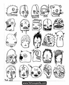 a bunch of cartoon faces drawn in black and white