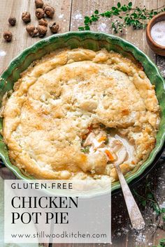 A pot pie with a spoon scooping some out. Gluten Free Chicken Potpie, Gluten Dairy Free Chicken Pot Pie, Chicken Pot Pie Gluten Free, Gluten Free Dairy Free Chicken Pot Pie Soup, Gf Chicken Pot Pie Gluten Free, Gluten Free Pot Pie, Gluten Free Chicken Pot Pie, Gluten Free Puff Pastry, Gluten Free Main Dishes