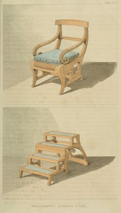 two drawings of wooden chairs with blue cushions