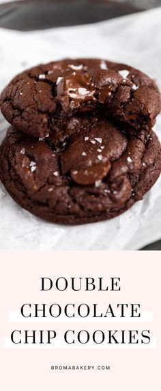 double chocolate chip cookies stacked on top of each other with text overlay reading double chocolate chip cookies