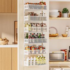 the pantry shelves are filled with food and drinks