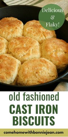 Seven golden brown biscuits in a cast iron skillet sitting on a tabletop with a green striped linen tea towel Hot Biscuits Recipe, Iron Skillet Biscuit Recipes, Casket Iron Skillet Recipes, Recipes For Biscuits Homemade, Busicut Recipes Easy, Homemade Biscuits Cast Iron Skillet, Homemade Cast Iron Biscuits, Cast Iron Skillet Scones, Skillet Buttermilk Biscuits