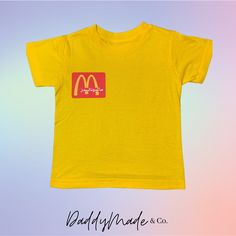 Funny McDonald's staff shirt  Please let us know if you want to custom your shirt. 🙏🏽 Fitted Short Sleeve T-shirt With Custom Print, Fitted Short Sleeve Graphic Tee Shirt, Fitted Short Sleeve Graphic Print Shirt, Fitted Basic Shirt With Graphic Print, Summer Graphic Tee Shirt With Branding, Summer Graphic Tee With Branding, Trendy Yellow Shirt With Screen Print, Graphic Tee With Logo Print, Short Sleeve, Fitted Custom Print Shirt For Streetwear