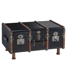 two black trunks sitting side by side on top of each other with handles and latches