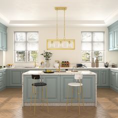 a kitchen with two stools in front of an island counter and blue painted cabinets