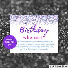 a birthday card with the words, who am i? on it and glitter background