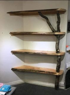 the shelves are made out of wood and have branches growing from them on each shelf