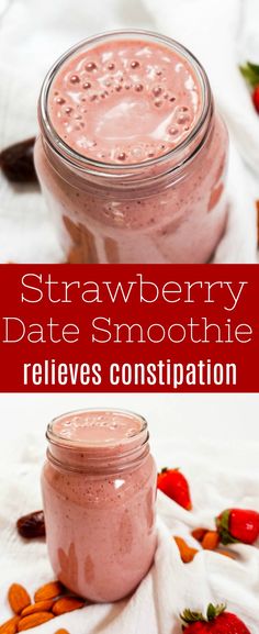 strawberry date smoothie in a mason jar with text overlay