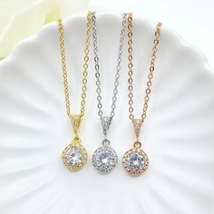 ♠ For Necklace  * Pendant Length : 0.75" (2 cm)  * Round Crystal Size : 10 mm  * Metal Type : Copper + Rhodium Plated/ Gold Plated/ Rose Gold Plated  * Necklace Chain Approx. 16" + 2" Extension  * Material : Cubic Zirconia  * The parts that we use to make this jewelry are made from Korea. ♠ Message gift box * There is a white lining cushion behind the message card for added protection of the jewelry.  * Box Size :2" x 3" * Box color : White, Kraft, Oatmeal, Blue Ice Gloss, Forest Matte, Red Matt Bridesmaid Necklace Gift, Zirconia Necklace, Cubic Zirconia Necklace, Blue Ice, Matte Red, Bridesmaid Wedding, Bridesmaid Necklace, Wedding Jewellery Necklace, Box Color