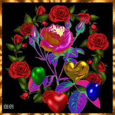 an image of roses and hearts on a black background with gold glitters in the middle