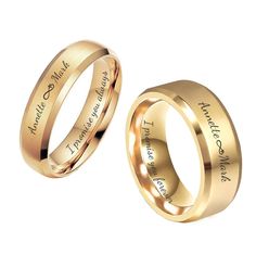 Our engraved Stainless Steel ring sets can be customized for your engagement, promise rings or wedding bands. A personalized ring set is a sentiment of love that can be inscribed with names, dates or a custom message.  Customized perfect gift for a couple in love or anniversary A beautiful gift for your special someone on any occasion. 6 mm Sizes available: 4-4.5-5-5.5-6-6.5-7-7.5-8-8.5-9-9.5-10-10.5-11 8 mm  Sizes available: 6-6.5-7-7.5-8-8.5-9-9.5-10-10.5-11-11.5-12-12.5-13-13.5-14-14.5-15-15. Name Engraved Rings, Couple Wedding Rings With Names, Couple Rings Wedding Gold With Name, Love Bands Couple Rings, Couple Ring Designs Gold, Cheap Gold Rings, Dressing Casserole, Brushed Gold Ring, Small Earrings Gold