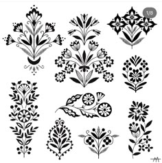 black and white floral designs on a white background, each with different flowers in the center