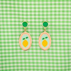 Hard Enamel drop statement earrings featuring strawberry and orange illustrations. With studs or hooks. 22K gold-plated brass charms. Cute and whimsical earrings! Artsy Earrings, Half Moon Earrings, Enamel Stud Earrings, Oval Stud Earrings, Vintage Inspired Jewelry, Oval Earrings, Art Deco Necklace, Earring Designs, Statement Drop Earrings