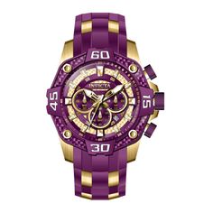 This impressive Invicta Pro Diver watch features a precise Quartz movement as well as a gold case. Its purple, gold, glass fiber, metal dial is enclosed by a highly protective Flame Fusion Crystal. This watch is finished by a strong purple, gold, band, and it offers 100 m water resistance. Plunge into any horizon using the steadfast guidance of the Invicta Pro Diver. Stylishly classic, internal workings are forged with variations of bold movements. Built with confident prowess, the fortitude with which these timepieces function makes the Pro Diver the quintessential in performance.Building each timepiece for the fierce of heart, Invicta watches are an exemplary demonstration of versatility, setting a precedent for braving the most adventurous of activities. Here at Invicta Stores, we pride Modern Purple Watch With Round Dial, Purple Quartz Watch Accessory With Round Dial, Purple Chronograph Watch Accessories With Round Dial, Modern Gold Watch With 10atm Water Resistance, Purple Analog Watch, Modern Gold Chronograph Watch With 10atm Water Resistance, Modern Gold Chronograph Watch With 10atm Resistance, Invicta Pro Diver, Diver Watch