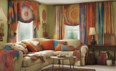 a living room filled with furniture and colorful curtains