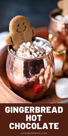 a gingerbread hot chocolate in a copper mug with marshmallows on the side