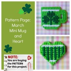 the instructions for how to crochet a shamrock mug and heart pattern are shown