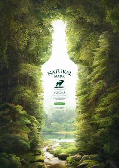 an advertisement for the natural way vodka is shown in front of a forest scene with rocks and