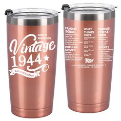 two copper colored tumblers with the words vintage 1994 printed on each one and an image of