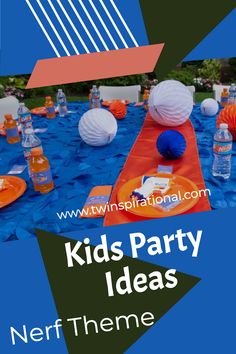 kids party ideas nerf theme with blue and orange tablecloths, paper lanterns and water bottles