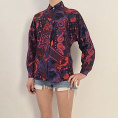 Bold Graphic Print Long Sleeve Tops, Bold Long Sleeve Tops With Graphic Print, 90s Fall Button-up Tops, Purple 90s Style Tops For Fall, Purple 90s Style Top For Fall, Retro Abstract Print Tops For Fall, 90s Fitted Button-up Top, 90s Graphic Print Button-up Top, Vintage Tops With Abstract Print For Fall