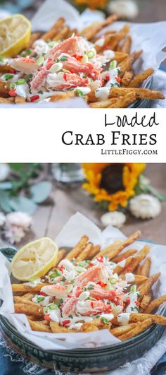 crab fries on a plate with lemon wedges