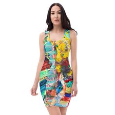 my original bright colorful abstract acrylic paint mixed media collage contemporary modern pop art printed  * * * Make a statement and look fabulous in this all-over printed, fitted dress.  * 82% polyester, 18% spandex * Fabric weight: 6.78 oz/yd² (230 g/m weight may vary by 5% * Made with smooth, comfortable microfiber yarn * Material has a four-way stretch * Blank product components sourced from China Artistic Fitted Party Dresses, Multicolor Printed Bodycon Mini Dress, Artistic Multicolor Graphic Print Dress, Artistic Fitted Multicolor Dress, Fitted Dresses With Bold Multicolor Print, Vibrant Fitted Colorful Dresses, Vibrant Colorful Fitted Dress, Artistic Multicolor Party Dress, Bold Fitted Multicolor Dress