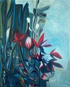 an abstract painting of flowers in blue and red