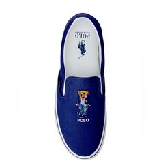 On This Classic Canvas Slip-On Sneaker, Ralph Lauren's Iconic Mascot Is Dressed For A Regatta In Pure Polo Style. Rounded Toe Slip-On Styling Elasticized Side Gores Padded Insole Reinforced Heel Polo Bear And "Polo" Embroidered Pony At The Vamp Woven "Polo" Tab At The Side "Polo" Debossed At The Heel Lined With Cotton Twill Collar Lined With Faux Leather Treaded Rubber Outsole Cotton Upper And Lining; Polyurethane Collar Lining; Rubber Sole Imported Ralph Lauren Preppy, Polo Ralph Lauren Shoes, Red Loafers, Canvas Boat Shoes, Slipon Sneakers, Canvas Loafers, Brown Leather Loafers, Moccasins Shoes, Polo Bear