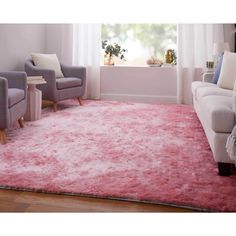 a living room area with pink rugs and two chairs in front of a window