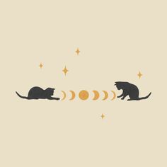 two cats playing with each other in front of the moon and stars on a beige background