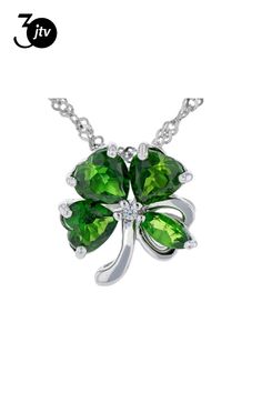 1.36ctw Marquise and Heart Shape Chrome Diopside with 0.03ct Round White Zircon Rhodium Over Sterling Silver Clover Pendant with Chain. Measures Approximately 0.55"L x 0.49"W. 18" Singapore Chain with 2" Extender. Lobster Claw Clasp. Accent Stones Primarily Zircon. Heart Cut Cubic Zirconia Jewelry For May Birthstone, Green Necklace With Diamond Accents For A Gift, Green Sterling Silver Heart-cut Jewelry, Heart Cut Green Sterling Silver Jewelry, Green Heart Cut Sterling Silver Jewelry, Green Heart Cut Jewelry With Accent Stones, Green Cubic Zirconia Heart Cut Jewelry, Anniversary Jewelry With Polished Tsavorite, May Birthstone Diamond Jewelry With Polished Finish