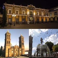 four different pictures with buildings and birds in the sky at night, one has a fountain