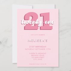 a pink 21st birthday party card with the number twenty one on it's front