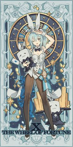 an anime character holding a cat in front of a clock with other characters around it