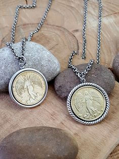 Guardian Angel coin necklace from Key of A® - A Best Seller for Nearly EIGHT Years!! - FOUR STYLES TO CHOOSE FROM!  - Inspirational Jewelry - Valentine's Day or Mother's Day Gift Idea We secured several of these vintage guardian angel coins to create this wonderful medallion pendant necklace. Over the years, these coins have been created in many styles and traditionally were given to someone to keep in their pocket so they always had their guardian angel with them. Why not wear the coin as a beautiful necklace?  These are highly detailed coins in brass that we shined up and set in the perfect bezels.   We offer both smooth and rope edge bezels in your choice of antique brass or antique silver as shown in the photos.  Your necklace is hung on a coordinating cable chain and closes with a sta Ancient Coin Jewelry, Coin Set, Upcycled Jewelry, Coin Jewelry, Valentines Jewelry, Shopping Ideas, Fabulous Jewelry, Coin Necklace, Ancient Romans