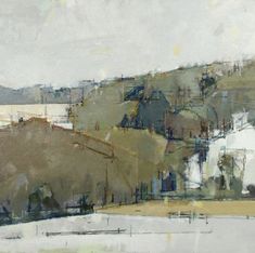 an abstract painting of houses on a hill