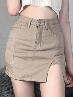 ⚡️Free Shipping 2022 Lined Split Denim Mini Skirt Khaki S under $33.00 in Skirts at AnotherChill.com Online. Style: Casual/Street/Y2K/Vintage. Color: Black/Navy Blue/Blue/Khaki. Fabric Content: Polyester, Spandex. Fit Type: Slim fit. Length: Above Knee. Design: This washed skirt sits high on the waist, with seam detailing, short lined design, split at hem, and complete with zip button closure and pockets styling.. ✓2022 SUMMER OUTFITS. Check reviews and buy Lined Split Denim Mini Skirt today. Dark Academia Skirt, Aesthetic Outfits Y2k, Punk Skirt, Street Y2k, Punk Dress, High Waisted Denim Skirt, Outfits Y2k, Y2k Aesthetic Outfits, Vintage Color