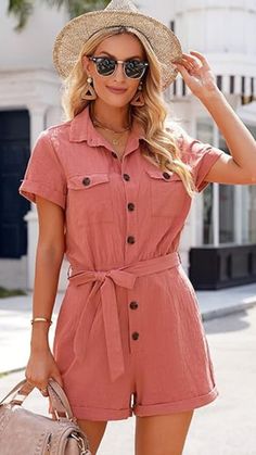 Rompers & Jumpsuits // Show off your gorgeous style wearing this brick short sleeves button down belted romper. Overall Romper, Original Fashion, Jumpsuit With Sleeves, Summer Women