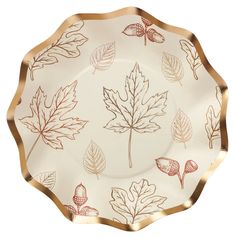 Celebrate fall with this elegant harvest garden collection. These gorgeous off-white plates feature an autumnal pattern of leaves and acorns in white, rust, and gold foil accents finished with a metallic gold foil ruffled edge. Perfect for your Thanksgiving and Friendsgiving celebrations. These plates feature a deeper bowl perfect for serving cake and ice cream, pastas, salads, and appetizers. Item Details: Each package contains 8 plates Plates measure 6.5 inches in diameter Made of paper Not sa Gold And White Thanksgiving Plate Set, Fancy Thanksgiving Plates, Autumn Harvest Dinner Plates, Harvest Garden, Thanksgiving Entertaining, Appetizer Dessert, Fall Cooking, Table Service, Paper Table