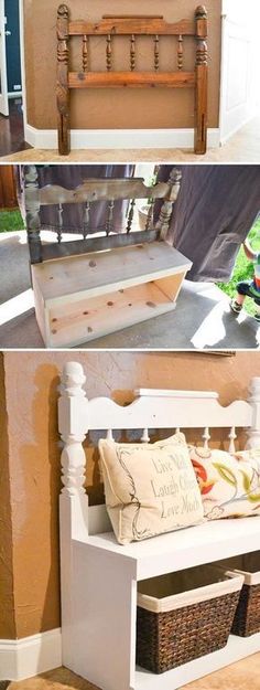 the bench is made out of wood and has two baskets underneath it, along with other furniture