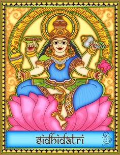 the hindu goddess sitting on top of a lotus flower with her hands in her pockets